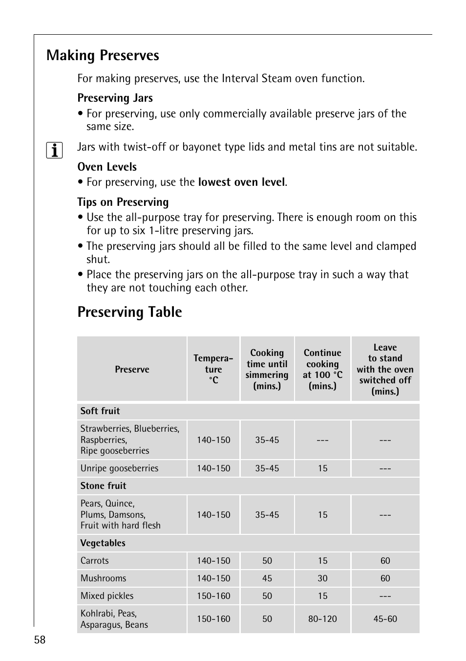 Making preserves, Preserving table | AEG COMPETENCE B8920-1 User Manual | Page 58 / 84