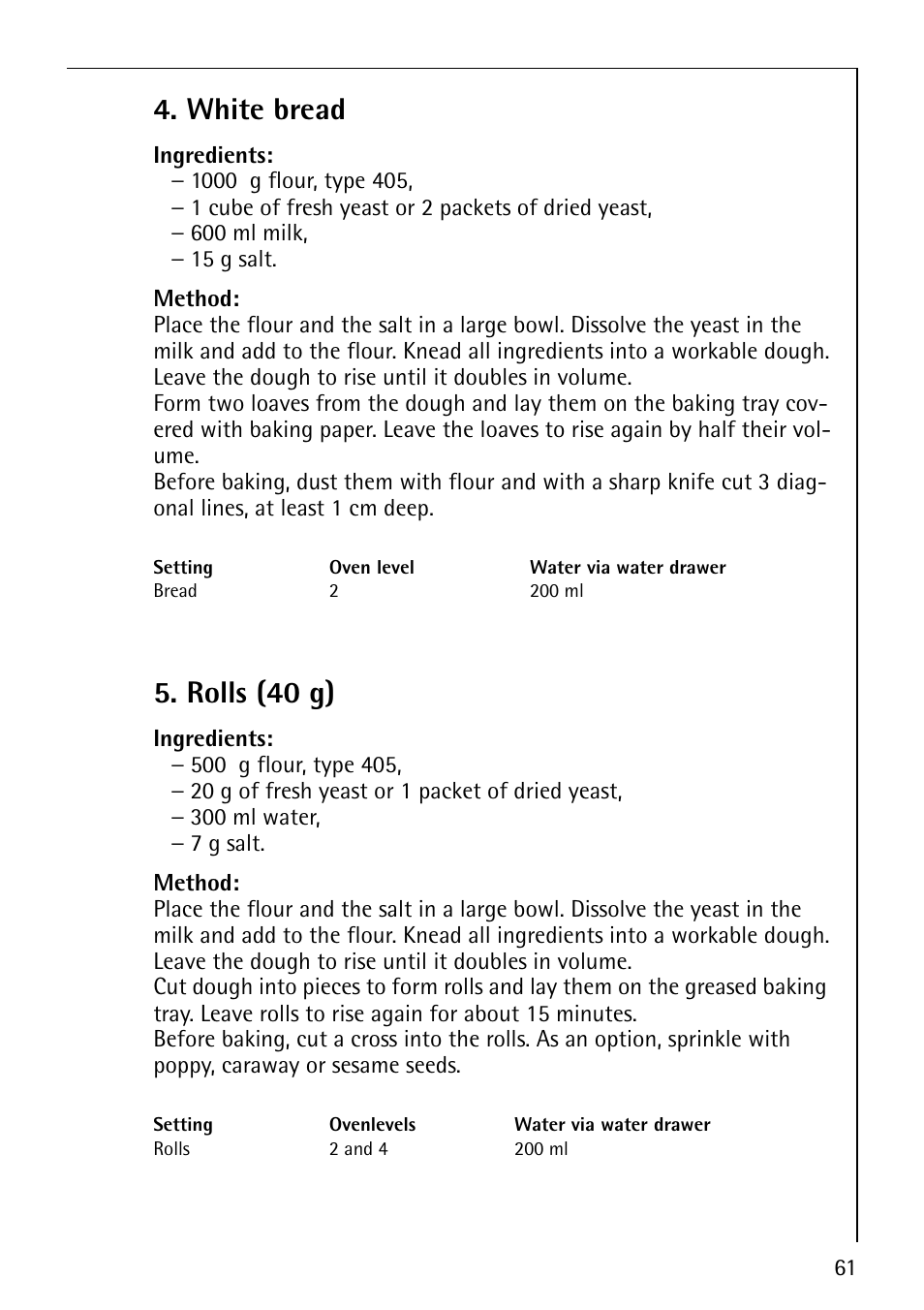 White bread, Rolls (40 g) | AEG COMPETENCE B8920-1 User Manual | Page 61 / 84