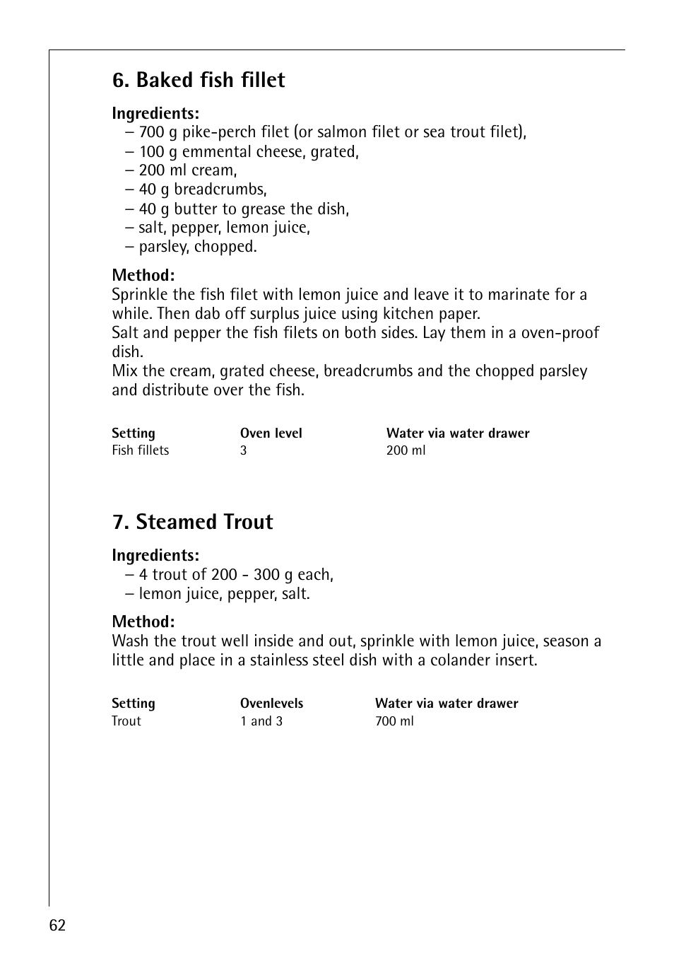 Baked fish fillet, Steamed trout | AEG COMPETENCE B8920-1 User Manual | Page 62 / 84