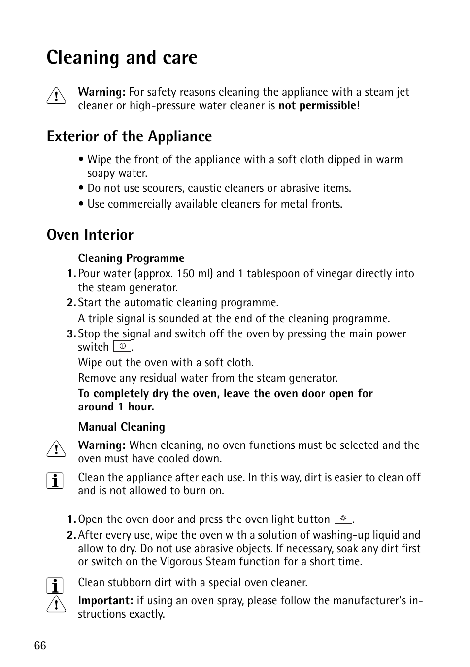 Cleaning and care 1, Exterior of the appliance, Oven interior | AEG COMPETENCE B8920-1 User Manual | Page 66 / 84