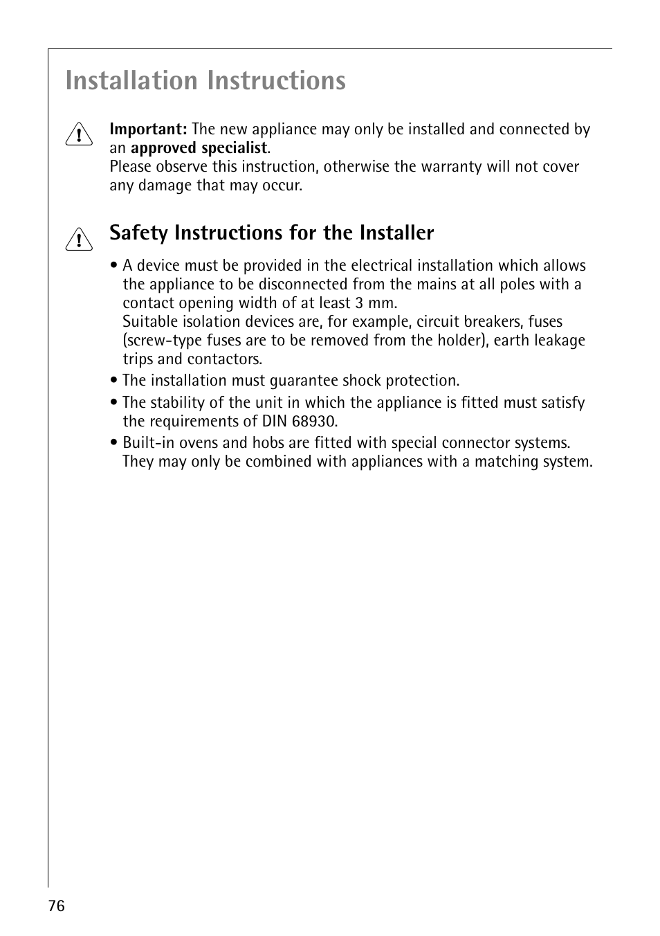 Installation instructions 1 | AEG COMPETENCE B8920-1 User Manual | Page 76 / 84