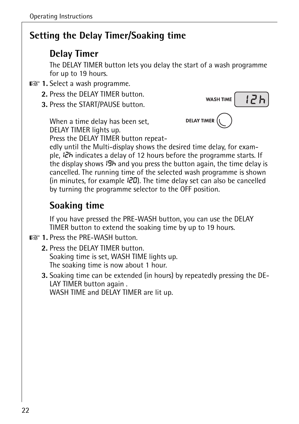 Setting the delay timer/soaking time delay timer, Soaking time | AEG KO-LAVAMAT 88840 User Manual | Page 22 / 64