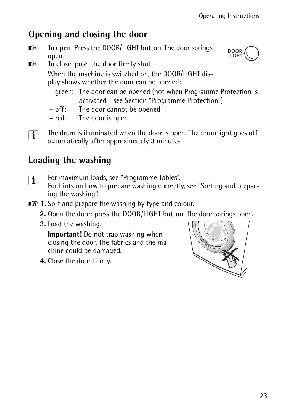 Opening and closing the door, Loading the washing | AEG KO-LAVAMAT 88840 User Manual | Page 23 / 64