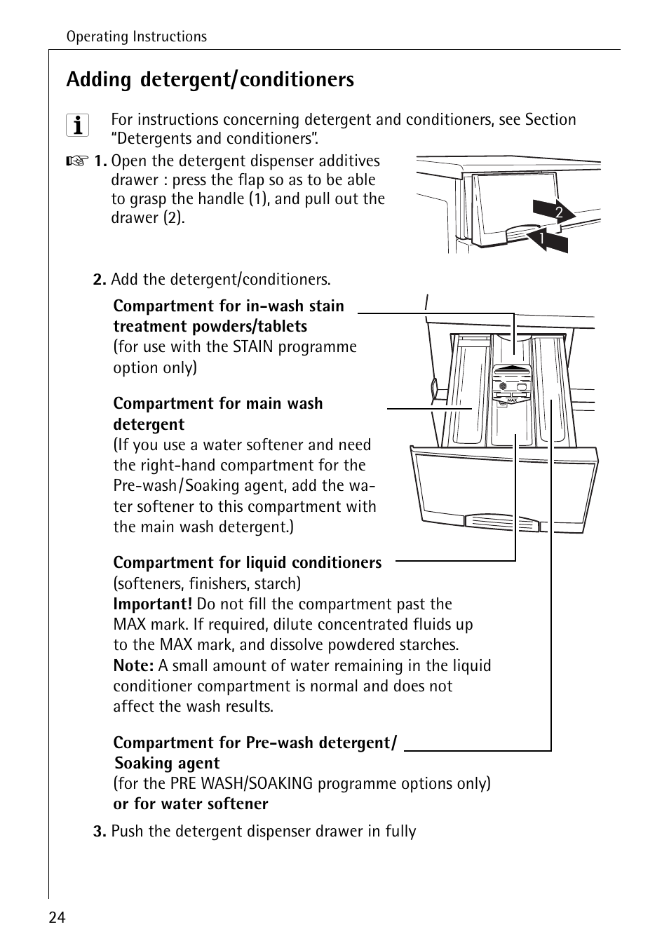 Adding detergent/conditioners | AEG KO-LAVAMAT 88840 User Manual | Page 24 / 64