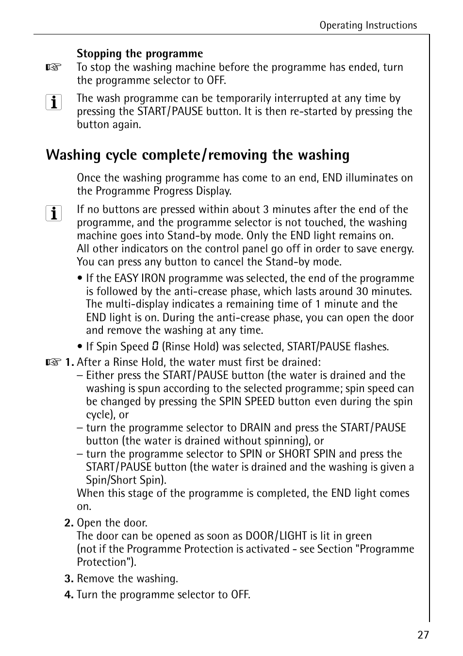 Washing cycle complete/removing the washing | AEG KO-LAVAMAT 88840 User Manual | Page 27 / 64