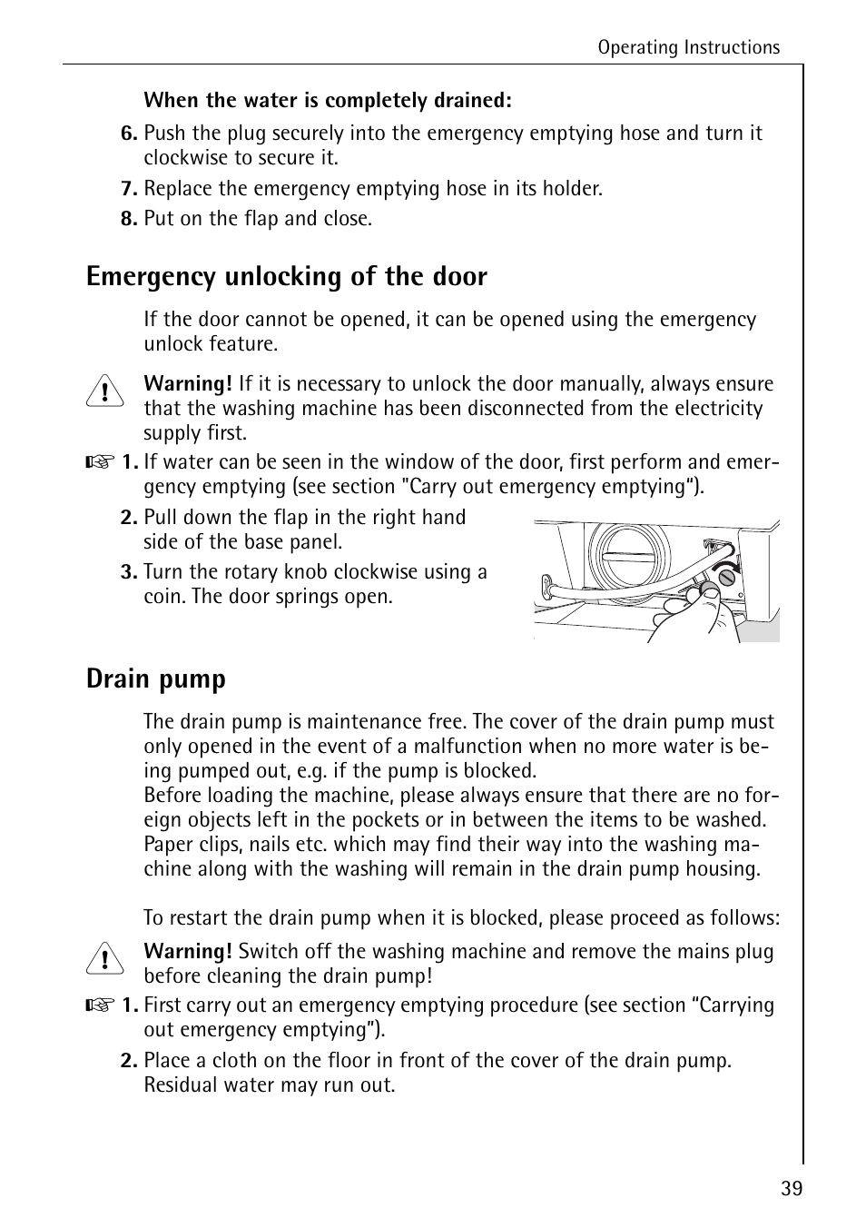 Emergency unlocking of the door, Drain pump | AEG KO-LAVAMAT 88840 User Manual | Page 39 / 64