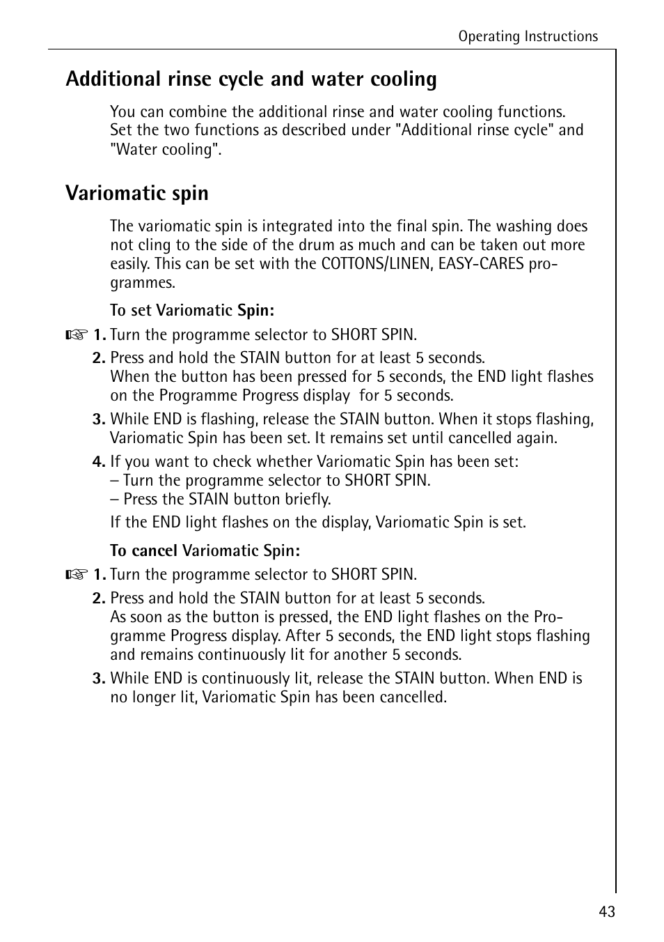 Additional rinse cycle and water cooling, Variomatic spin | AEG KO-LAVAMAT 88840 User Manual | Page 43 / 64