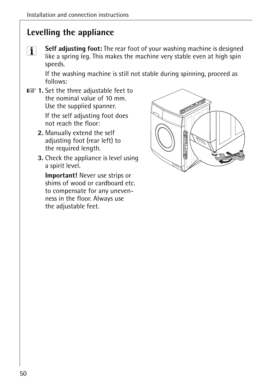 Levelling the appliance | AEG KO-LAVAMAT 88840 User Manual | Page 50 / 64