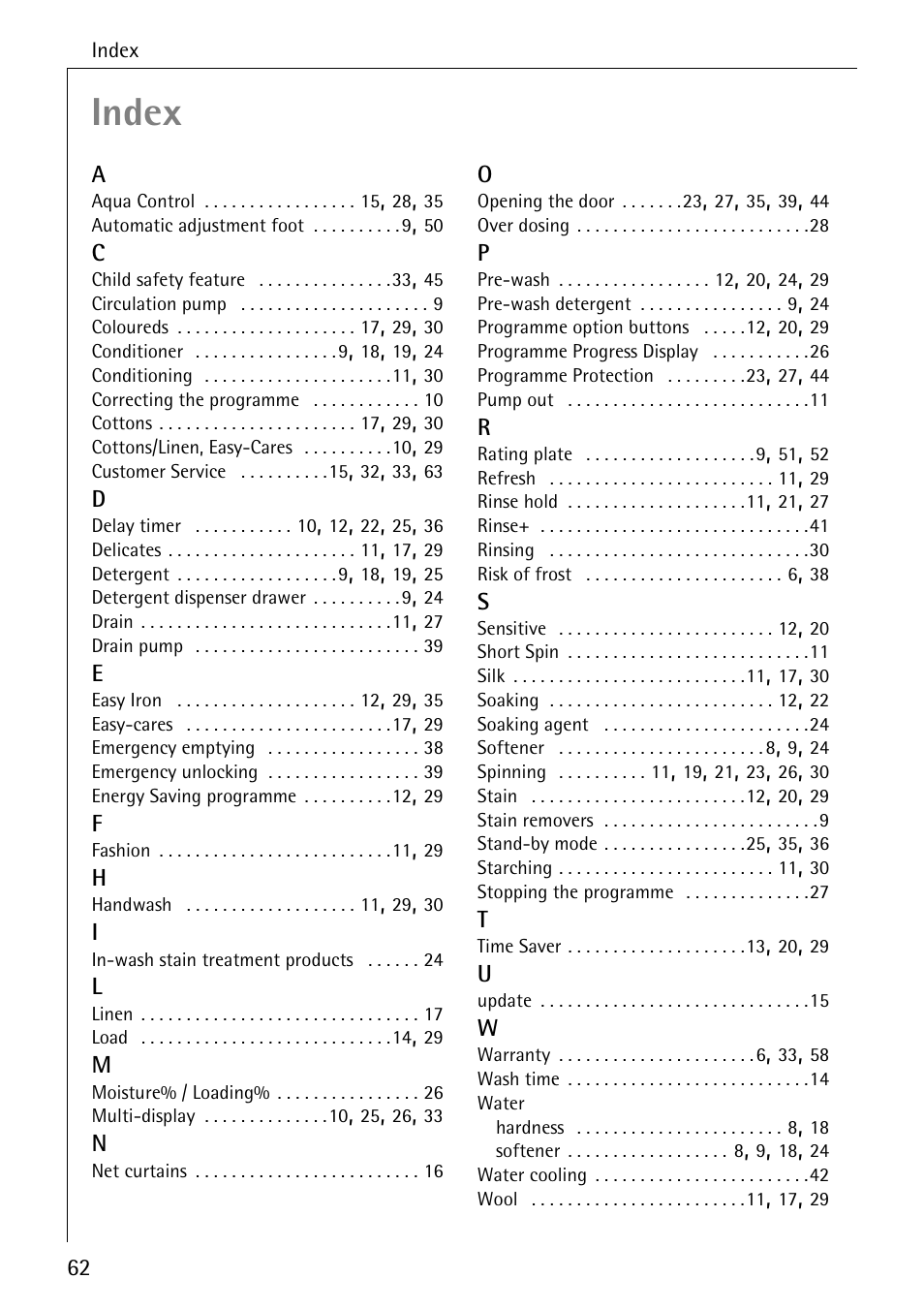 Index | AEG KO-LAVAMAT 88840 User Manual | Page 62 / 64