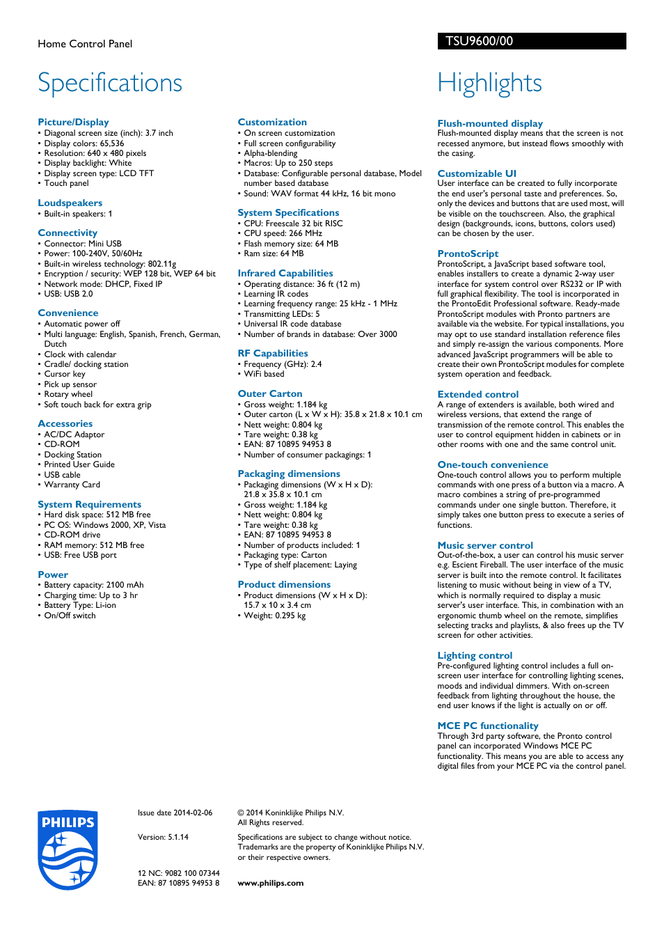 Specifications, Highlights | Philips Pronto Panel de control del hogar User Manual | Page 2 / 2