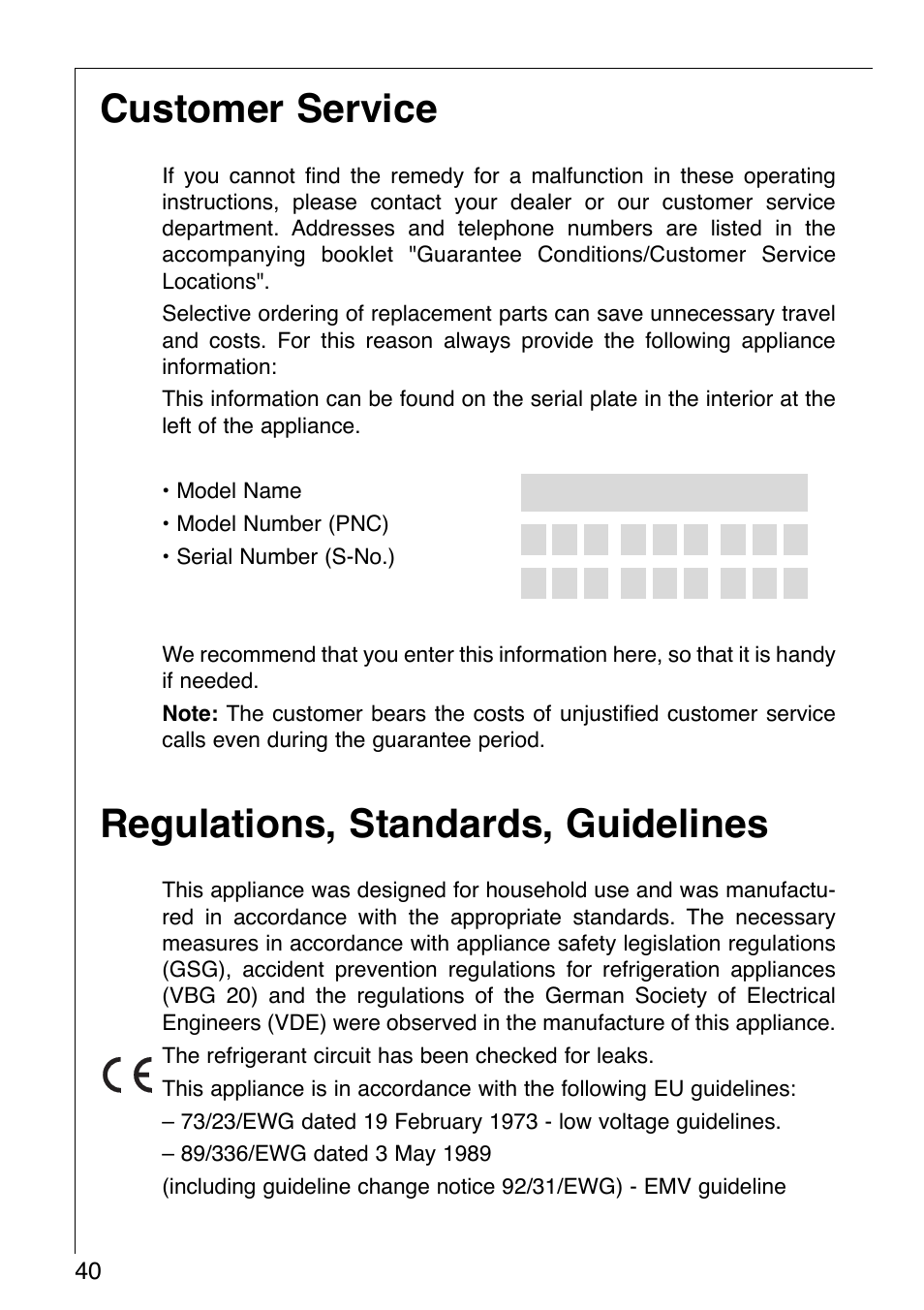 Regulations, standards, guidelines, Customer service | AEG OKO-SANTO 2642-6 KG User Manual | Page 21 / 22