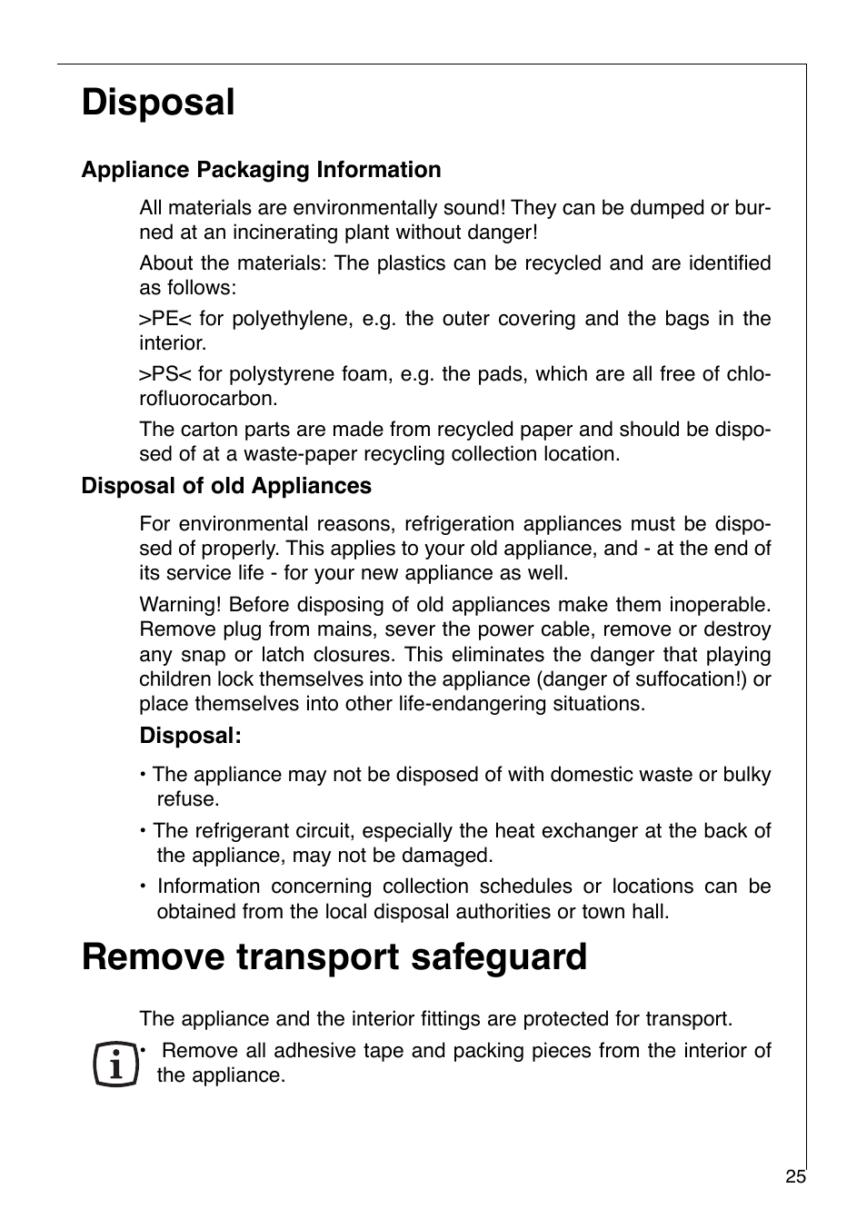 Disposal, Remove transport safeguard | AEG OKO-SANTO 2642-6 KG User Manual | Page 6 / 22