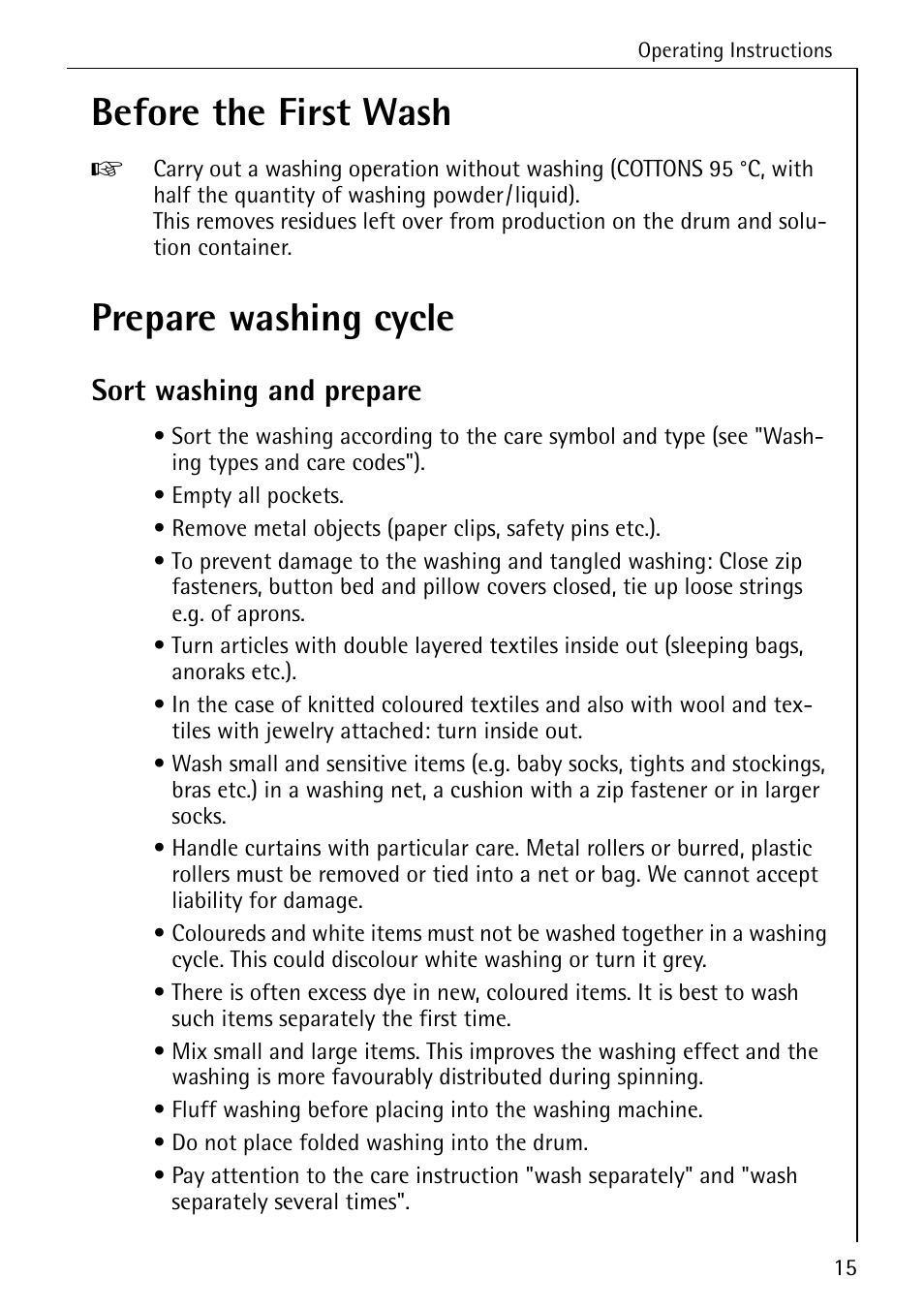 Before the first wash, Prepare washing cycle, Sort washing and prepare | AEG KO-LAMAVAT 76730 User Manual | Page 15 / 56