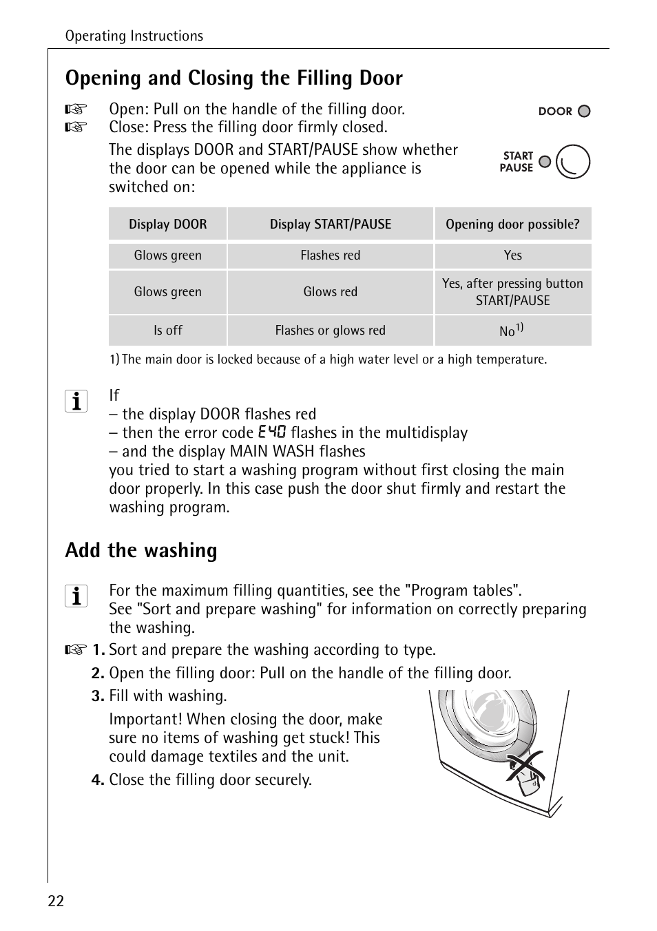 Opening and closing the filling door, Add the washing | AEG KO-LAMAVAT 76730 User Manual | Page 22 / 56