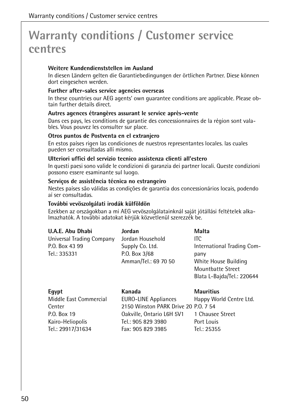 Warranty conditions / customer service centres | AEG KO-LAMAVAT 76730 User Manual | Page 50 / 56