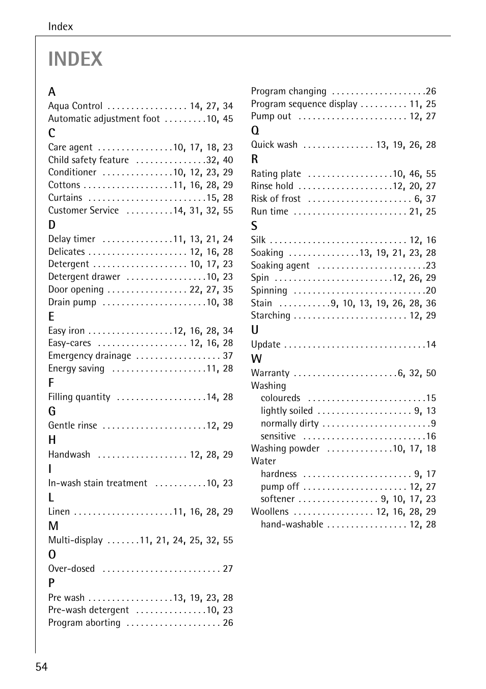Index | AEG KO-LAMAVAT 76730 User Manual | Page 54 / 56