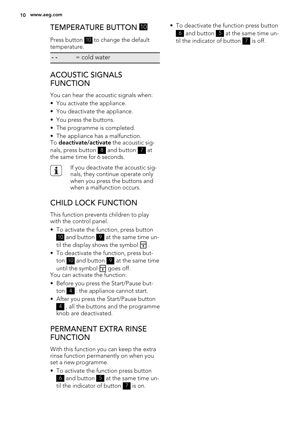 Temperature button, Acoustic signals function, Child lock function | Permanent extra rinse function | AEG L 70270 VFL User Manual | Page 10 / 36