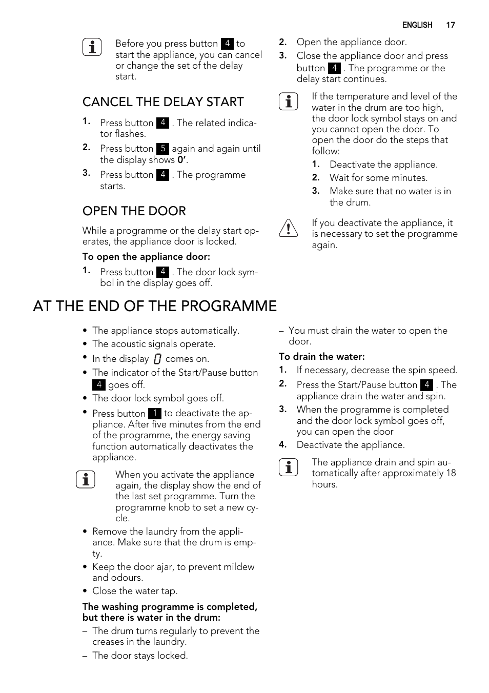 At the end of the programme, Cancel the delay start, Open the door | AEG L 70270 VFL User Manual | Page 17 / 36