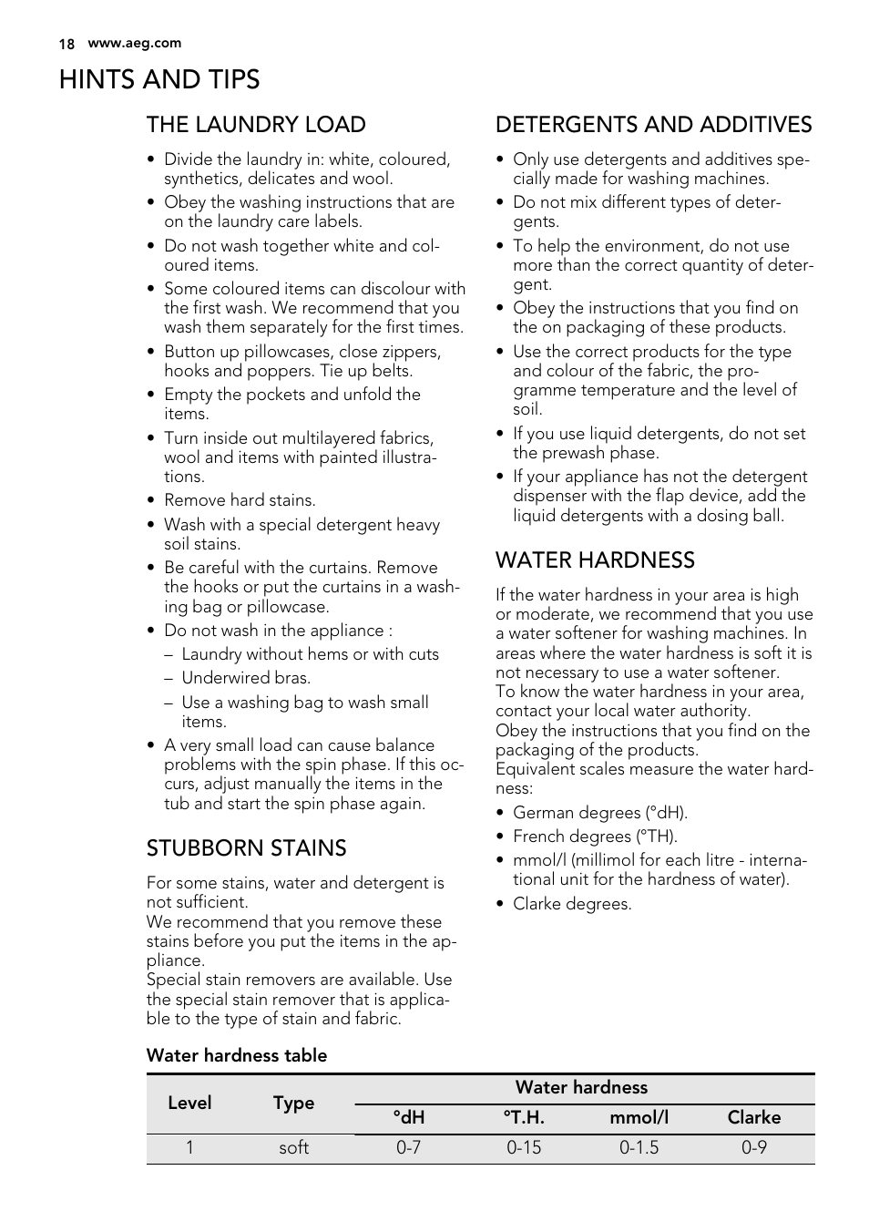 Hints and tips, The laundry load, Stubborn stains | Detergents and additives, Water hardness | AEG L 70270 VFL User Manual | Page 18 / 36