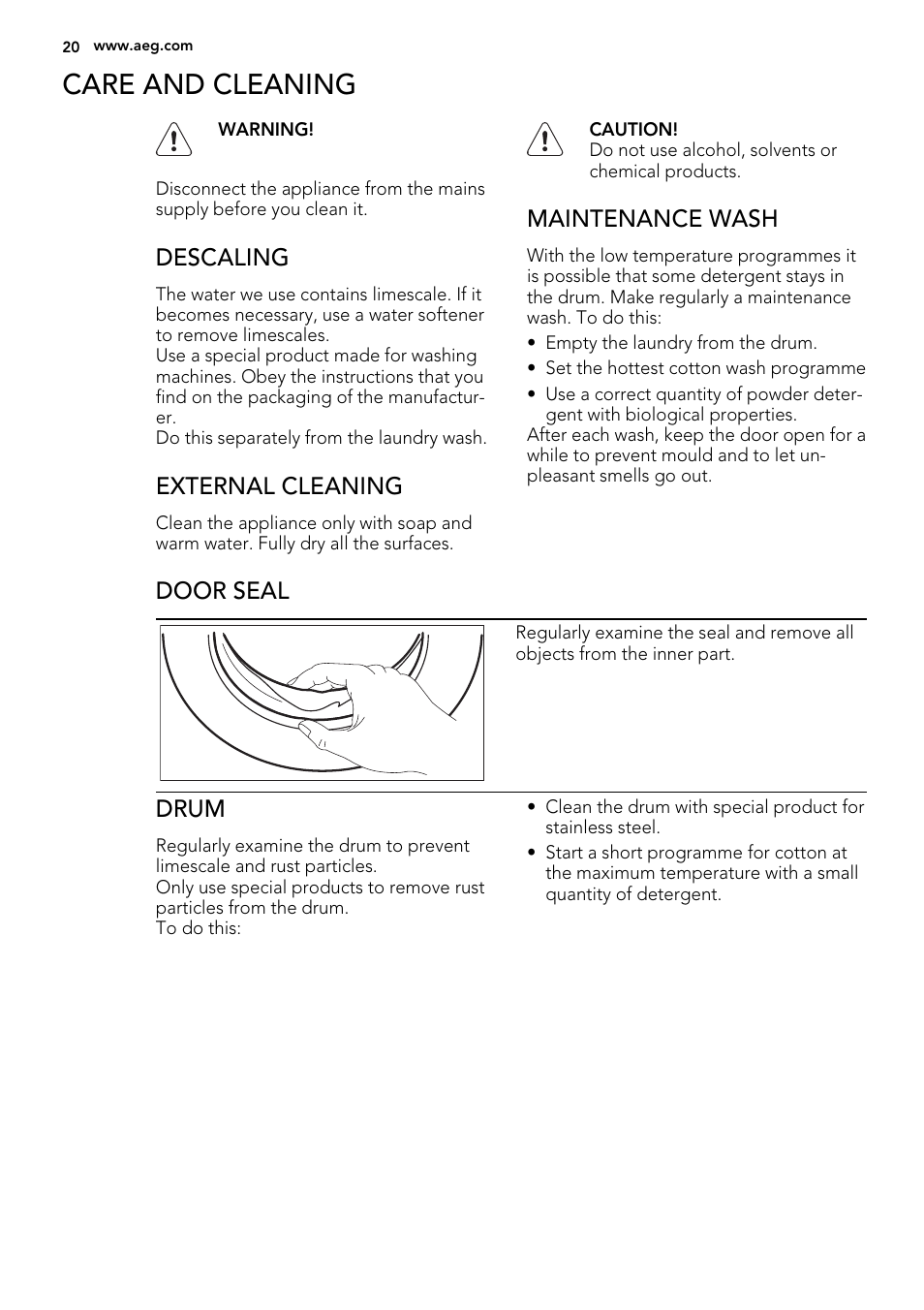 Care and cleaning, Descaling, External cleaning | Maintenance wash, Door seal, Drum | AEG L 70270 VFL User Manual | Page 20 / 36