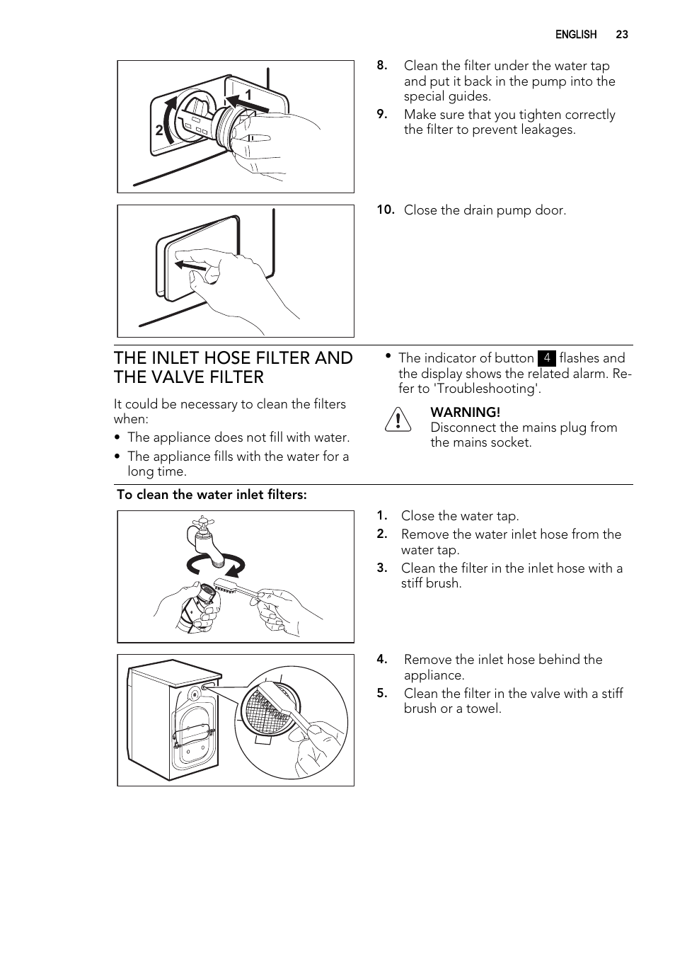 The inlet hose filter and the valve filter | AEG L 70270 VFL User Manual | Page 23 / 36