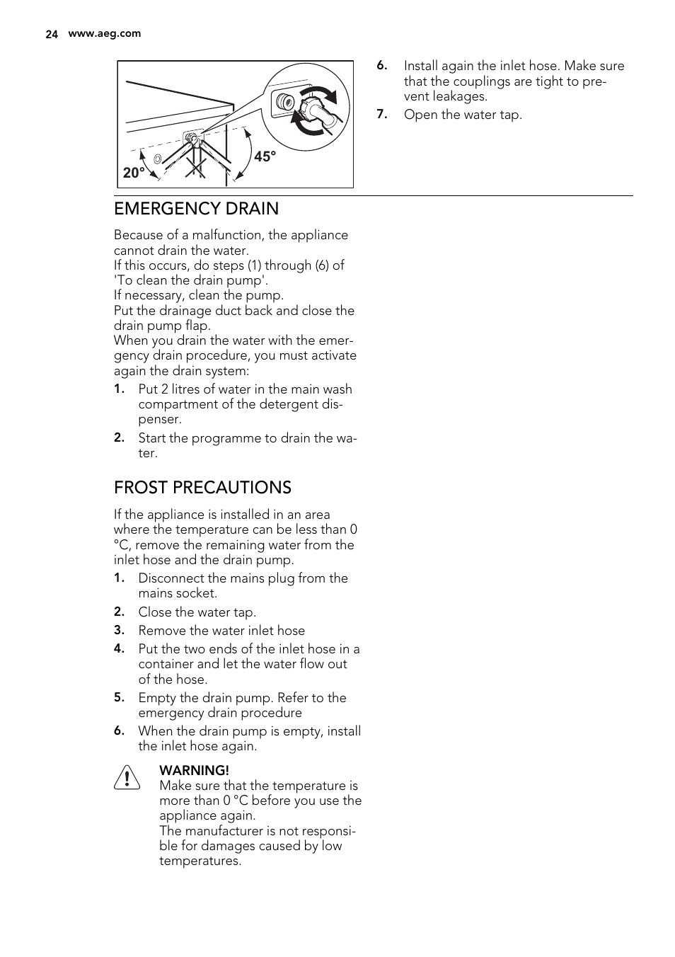 Emergency drain, Frost precautions | AEG L 70270 VFL User Manual | Page 24 / 36