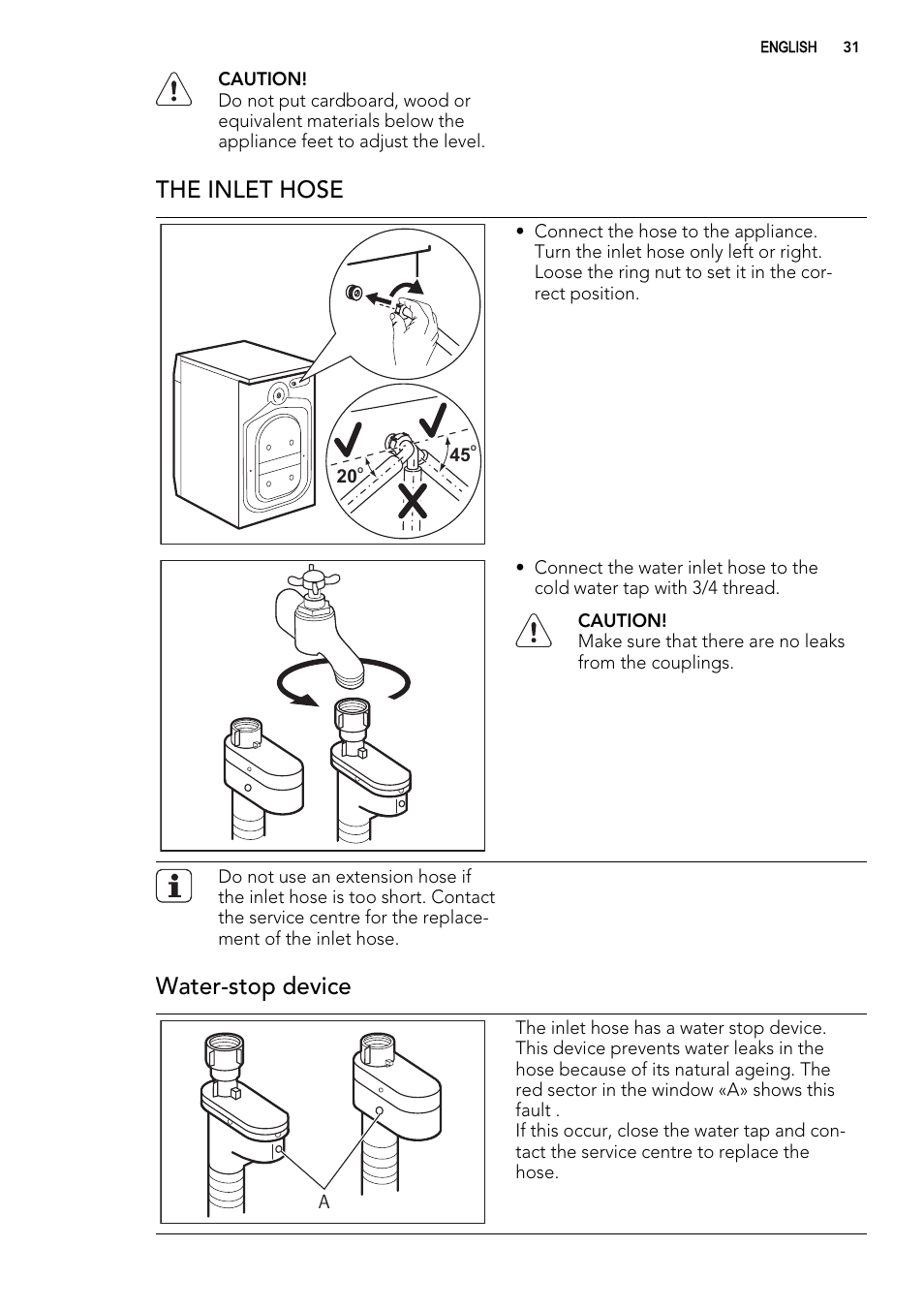 The inlet hose, Water-stop device | AEG L 70270 VFL User Manual | Page 31 / 36