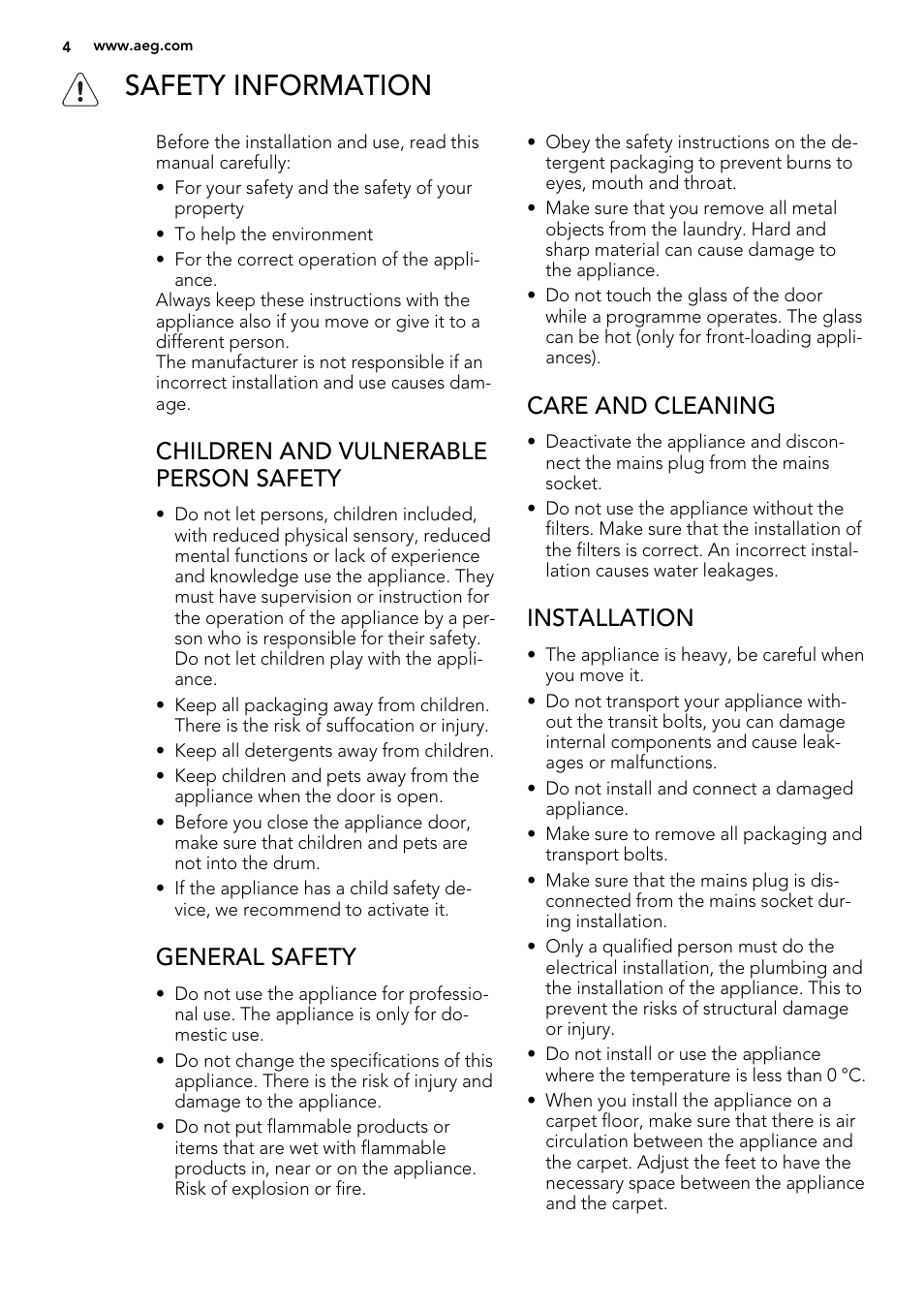 Safety information, Children and vulnerable person safety, General safety | Care and cleaning, Installation | AEG L 70270 VFL User Manual | Page 4 / 36