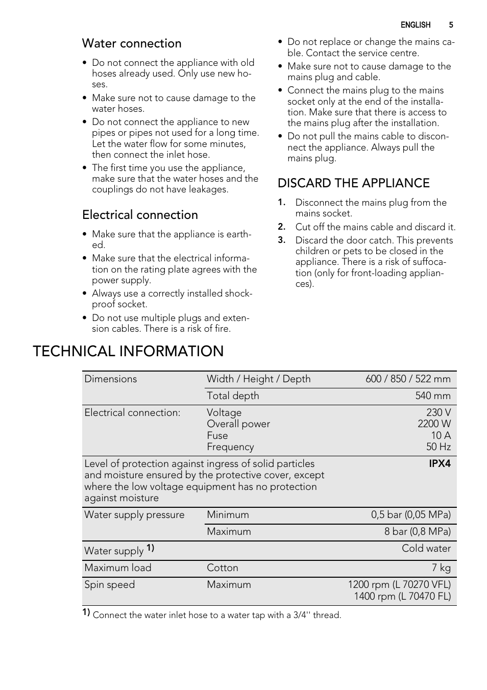 Technical information, Water connection, Electrical connection | Discard the appliance | AEG L 70270 VFL User Manual | Page 5 / 36