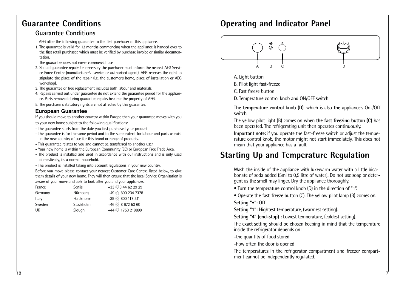 Operating and indicator panel, Starting up and temperature regulation, Guarantee conditions | AEG SANTO C 8 18 43-4I User Manual | Page 7 / 12