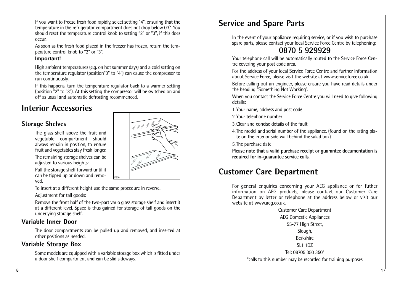 Interior accessories, Service and spare parts, Customer care department | AEG SANTO C 8 18 43-4I User Manual | Page 8 / 12
