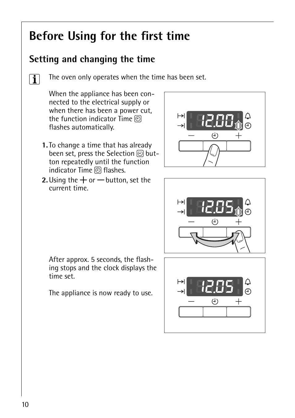 Before using for the first time, Setting and changing the time | AEG COMPETENCE E4101-4 User Manual | Page 10 / 48