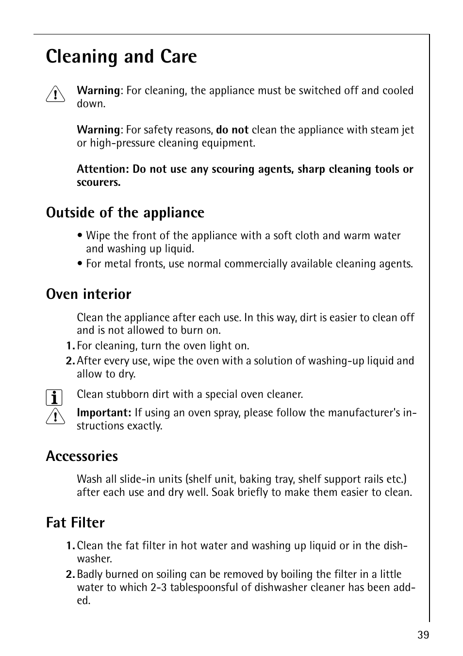 Cleaning and care 1, Outside of the appliance, Oven interior | Accessories, Fat filter | AEG COMPETENCE E4101-4 User Manual | Page 39 / 48