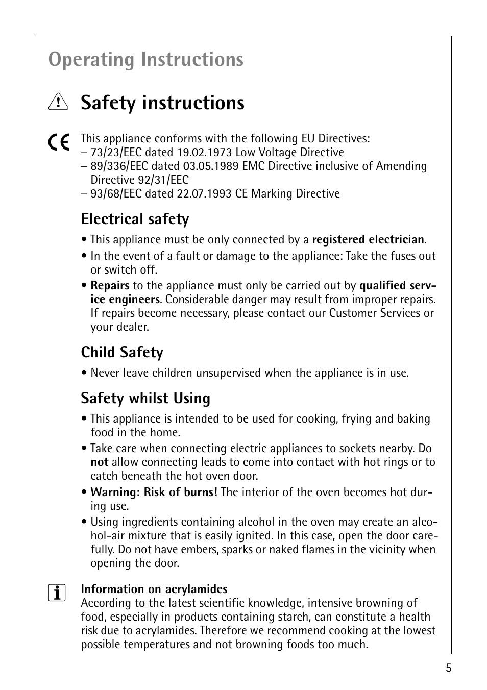 Operating instructions 1 safety instructions 5, Electrical safety, Child safety | Safety whilst using | AEG COMPETENCE E4101-4 User Manual | Page 5 / 48