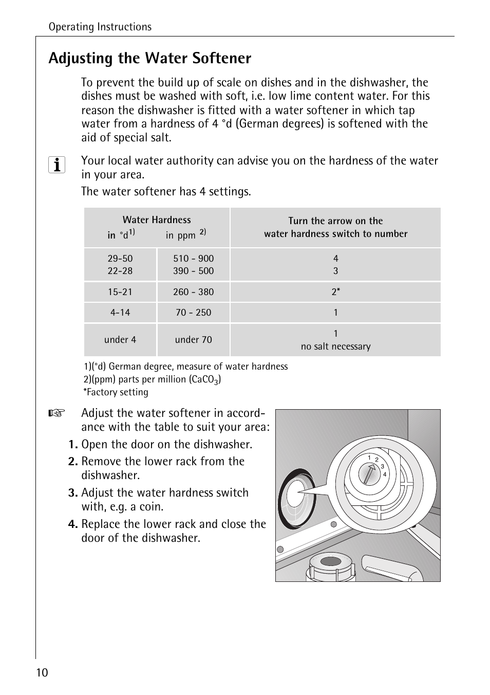 Adjusting the water softener | AEG FAVORIT 40360 I User Manual | Page 10 / 40