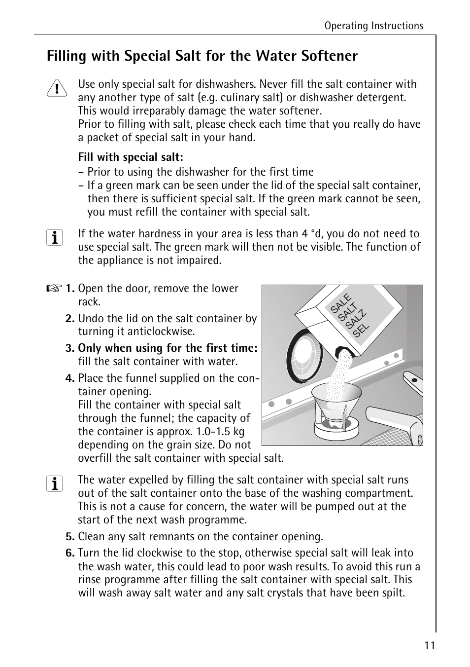 Filling with special salt for the water softener | AEG FAVORIT 40360 I User Manual | Page 11 / 40