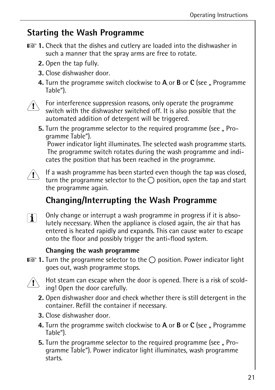 Starting the wash programme, Changing/interrupting the wash programme | AEG FAVORIT 40360 I User Manual | Page 21 / 40