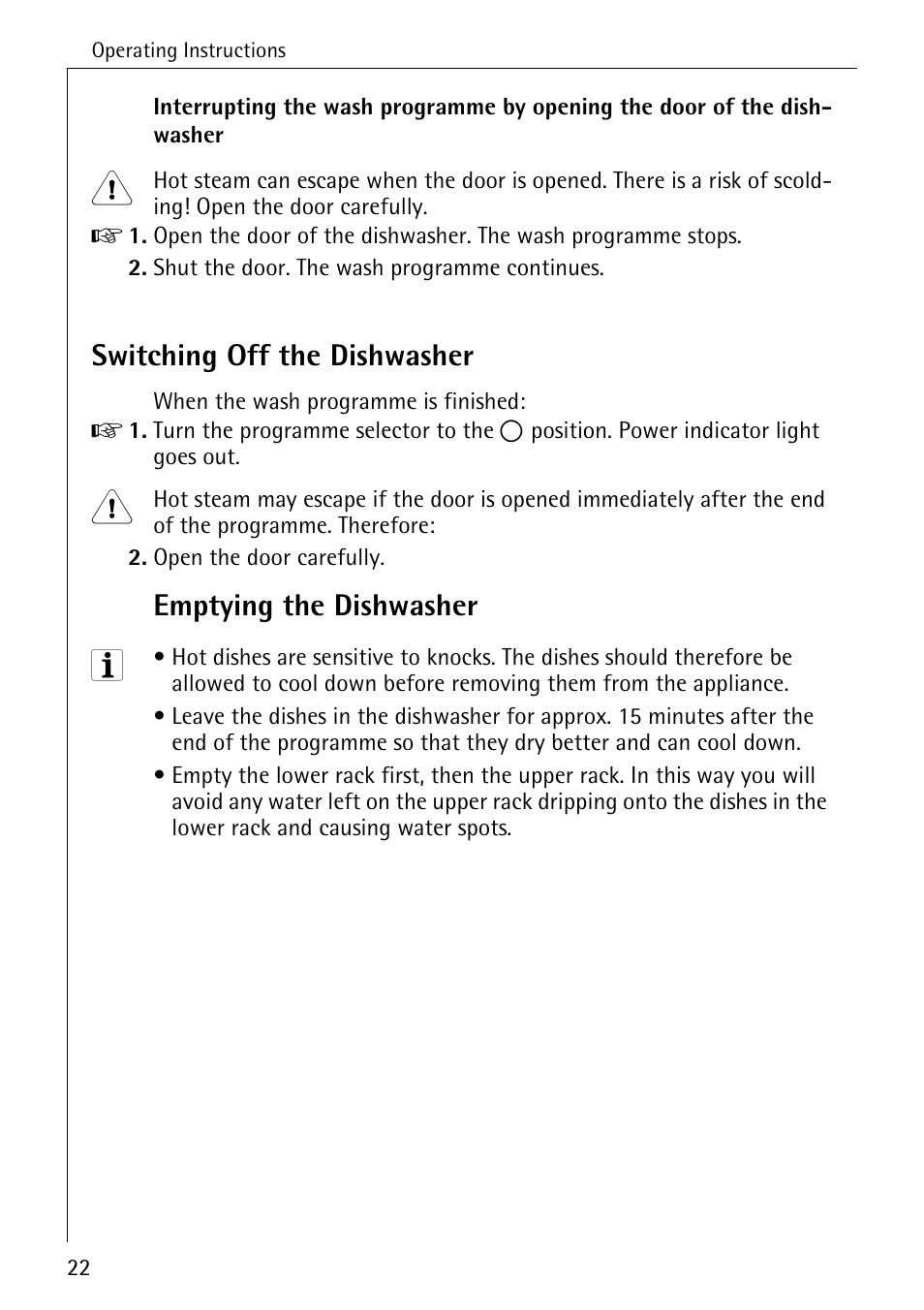 Switching off the dishwasher, Emptying the dishwasher | AEG FAVORIT 40360 I User Manual | Page 22 / 40