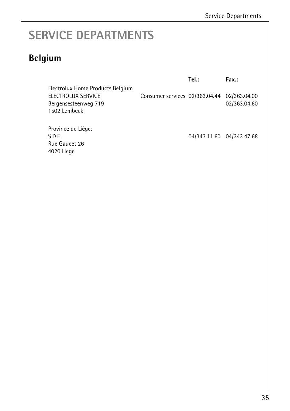 Service departments, Belgium | AEG FAVORIT 40360 I User Manual | Page 35 / 40