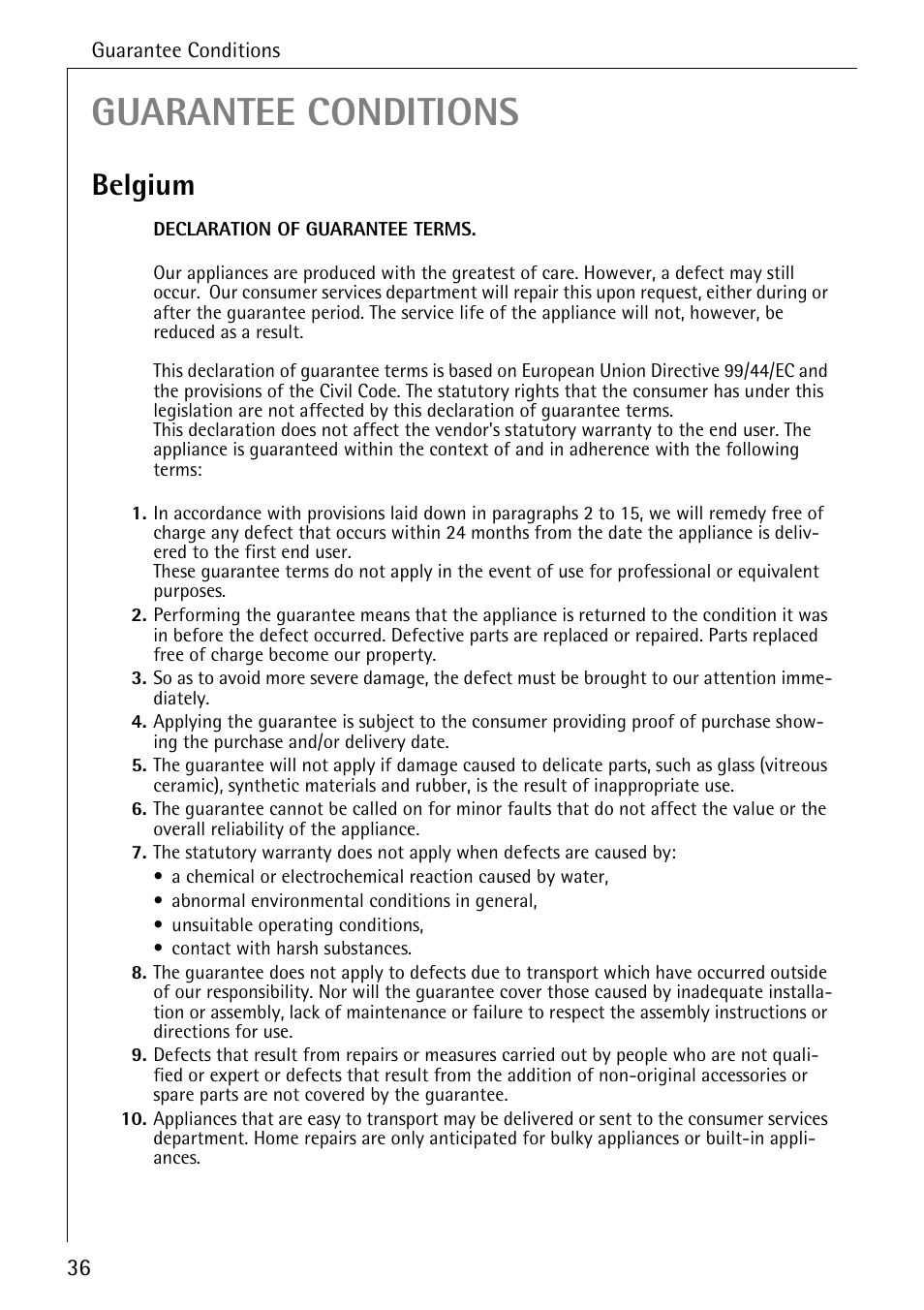 Guarantee conditions, Belgium | AEG FAVORIT 40360 I User Manual | Page 36 / 40