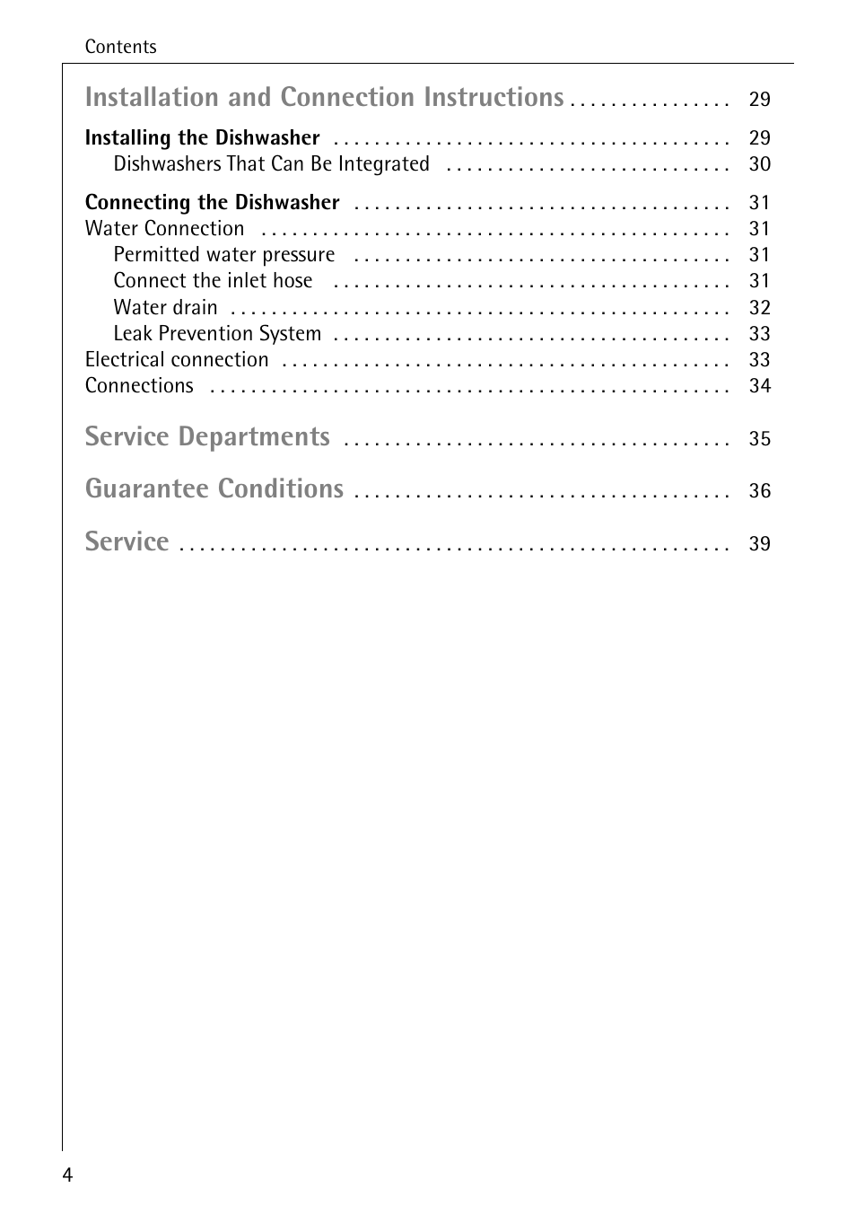 Installation and connection instructions, Service departments, Guarantee conditions | Service | AEG FAVORIT 40360 I User Manual | Page 4 / 40