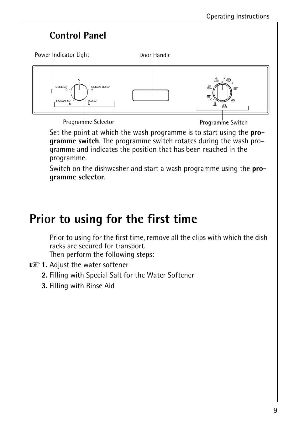 Prior to using for the first time, Control panel | AEG FAVORIT 40360 I User Manual | Page 9 / 40