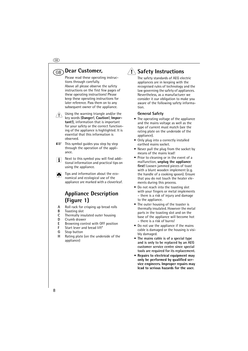 Dear customer, Appliance description (figure 1), Safety instructions | AEG AT 230 User Manual | Page 4 / 9
