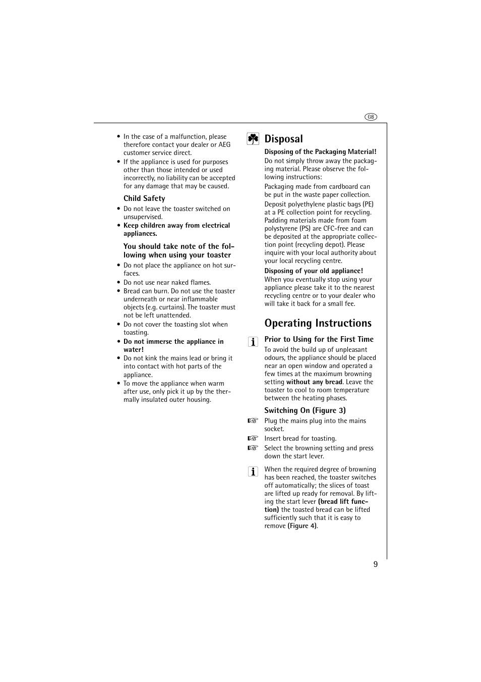 Disposal, Operating instructions | AEG AT 230 User Manual | Page 5 / 9