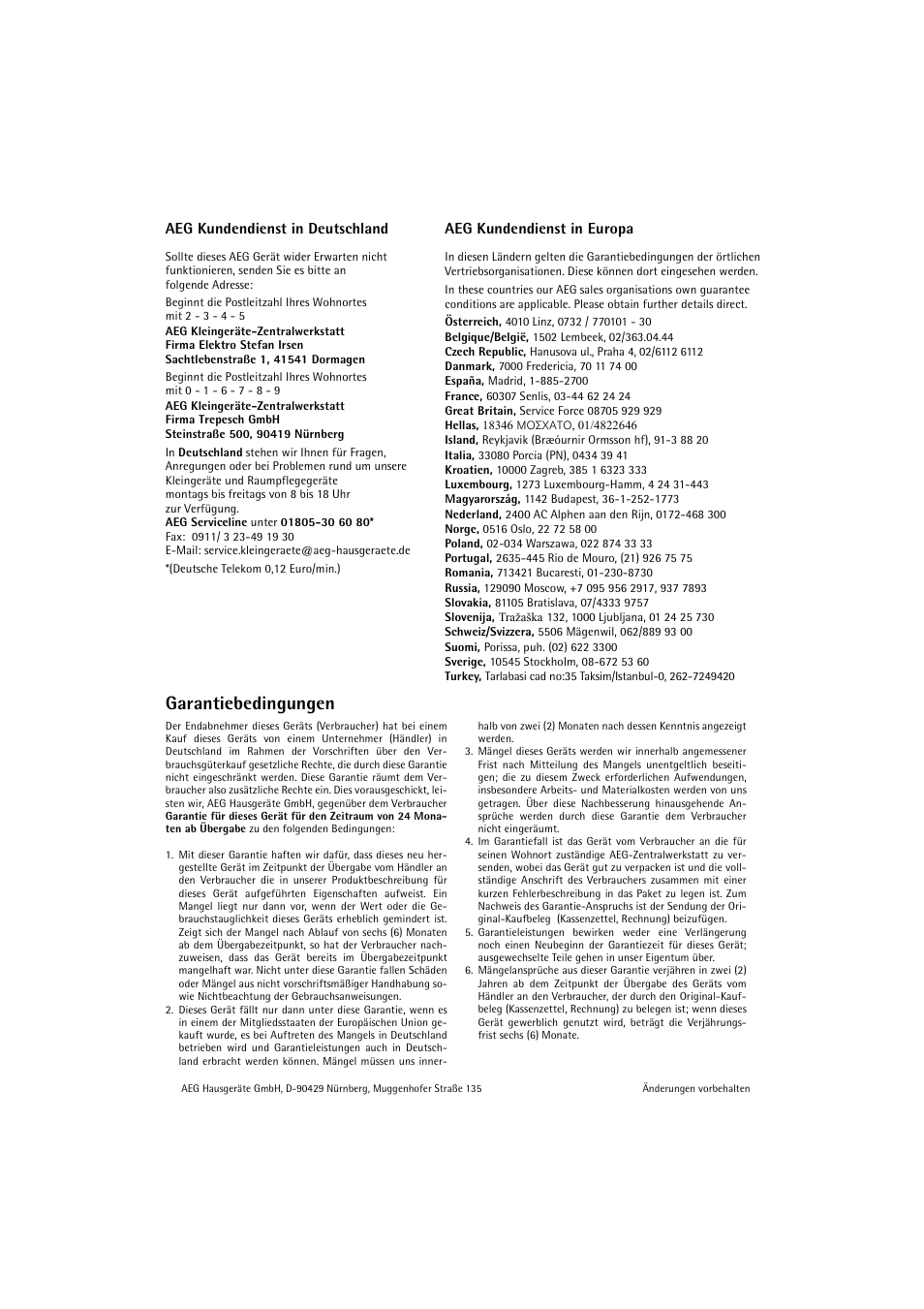 Garantiebedingungen | AEG AT 230 User Manual | Page 8 / 9