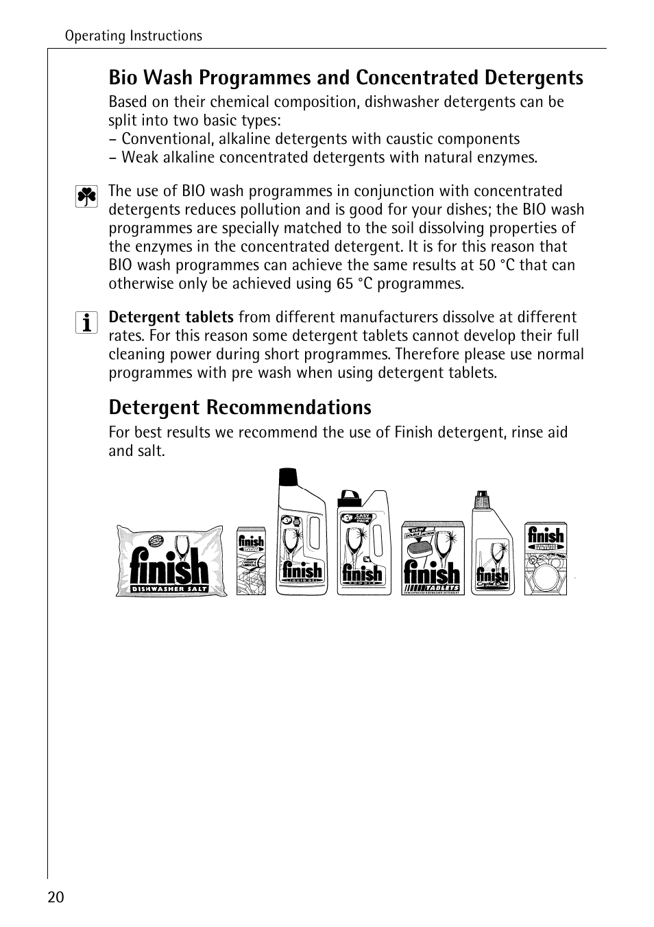 Bio wash programmes and concentrated detergents, Detergent recommendations | AEG FAVORIT 40660 I User Manual | Page 20 / 40