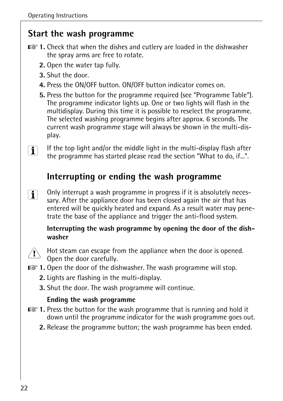Start the wash programme, Interrupting or ending the wash programme | AEG FAVORIT 40660 I User Manual | Page 22 / 40