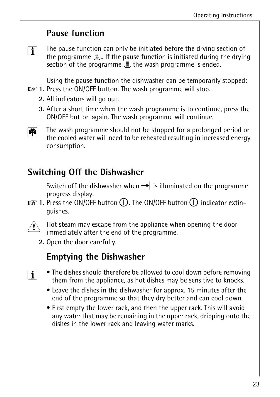 Pause function, Switching off the dishwasher, Emptying the dishwasher | AEG FAVORIT 40660 I User Manual | Page 23 / 40