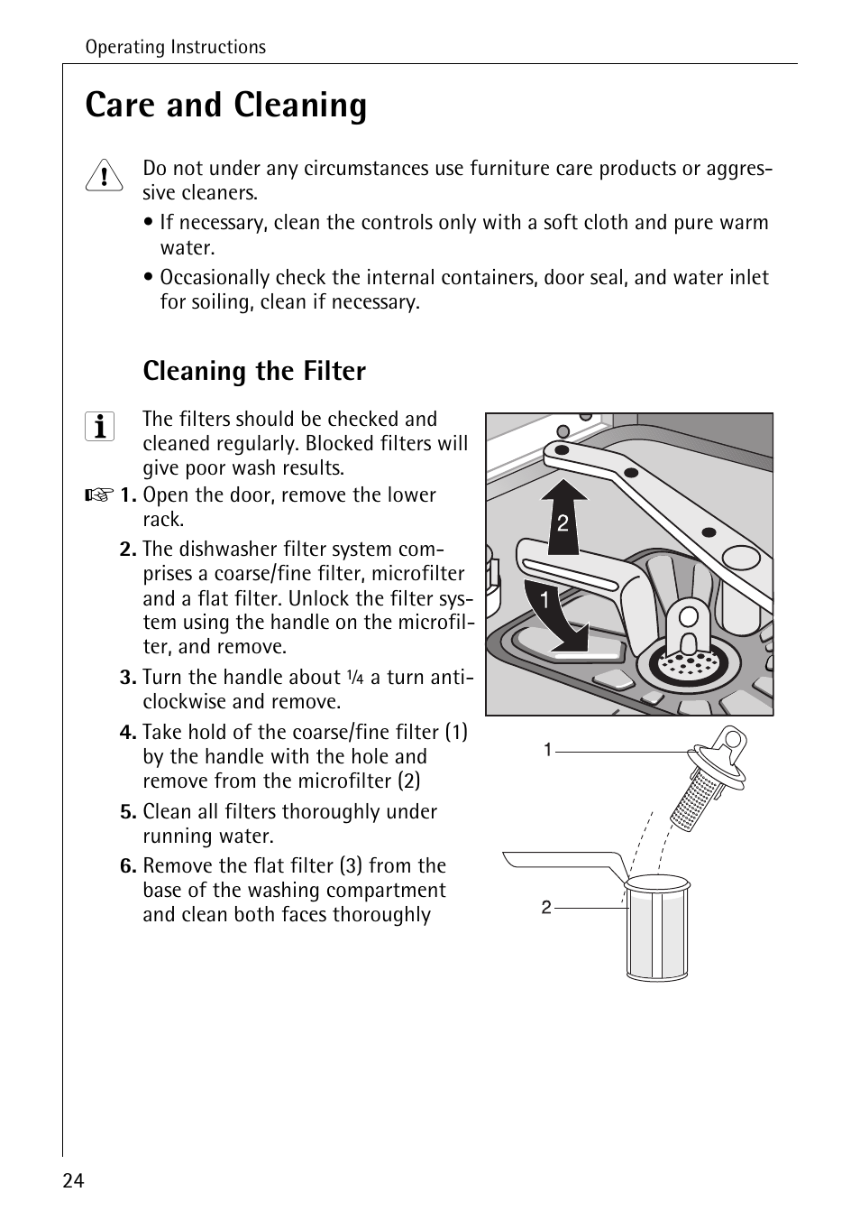 Care and cleaning, Cleaning the filter | AEG FAVORIT 40660 I User Manual | Page 24 / 40