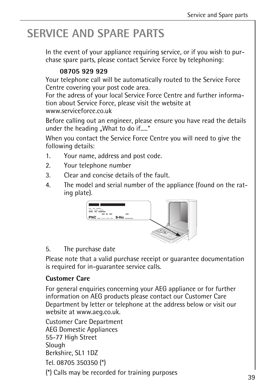 Service and spare parts | AEG FAVORIT 40660 I User Manual | Page 39 / 40